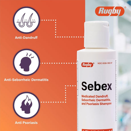 Rugby Sebex Medicated Dandruff, Seborrheic Dermatitis & Psoriasis Shampoo, Unscented, 4 fl oz