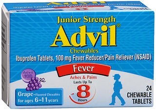 Advil Junior Strength Ibuprofen Pain Relief, 100 mg, Chewable Tablet, Grape Flavor