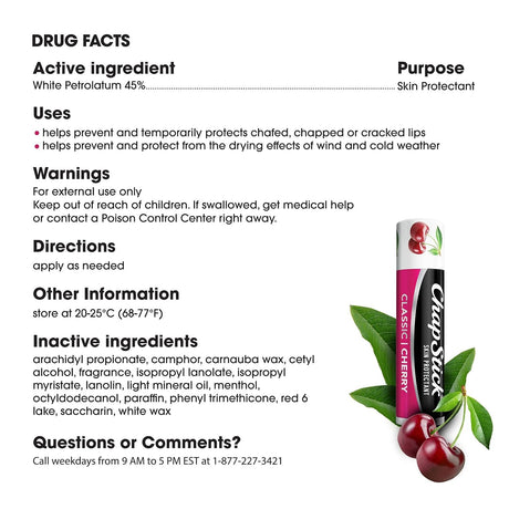 ChapStick Classic Cherry Skin Protectant Lip Balm, 0.15 oz Stick