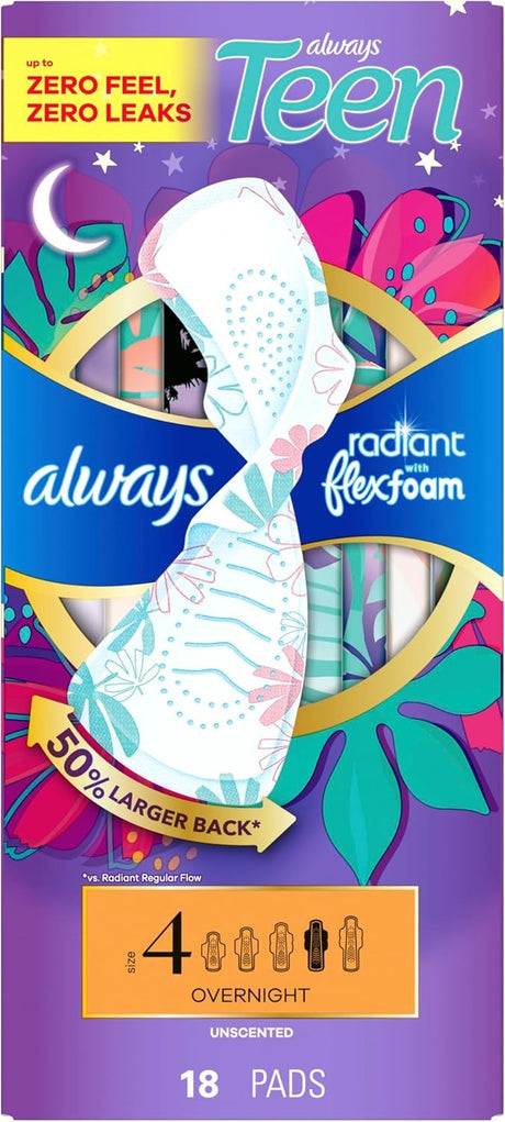 Always Teen Radiant with FlexFoam Overnight Pads, Size 4, Box of 18