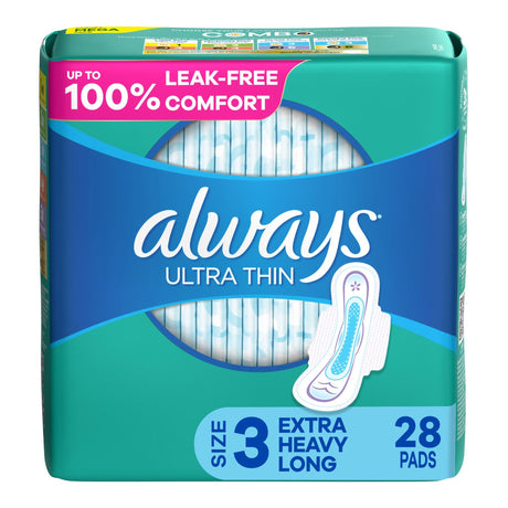 Always Ultra Thin Extra Long Super Pads with Wings, Unscented, Size 3, Pack of 28