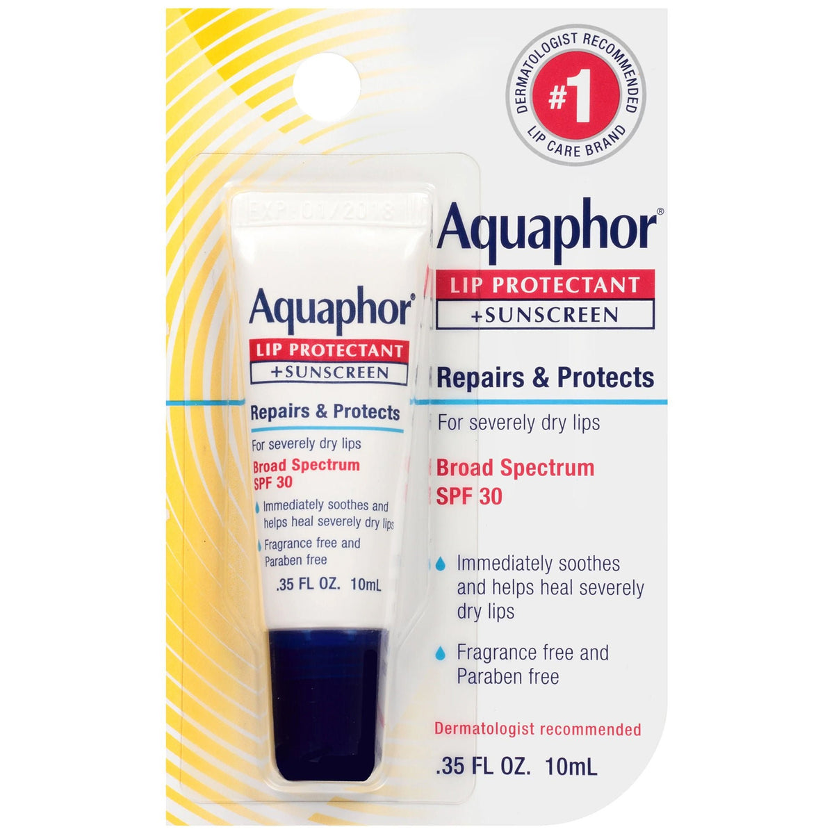 Aquaphor Lip Protectant + Sunscreen Ointment, Broad Spectrum SPF 30, Unflavored, 0.35 oz, Box of 6