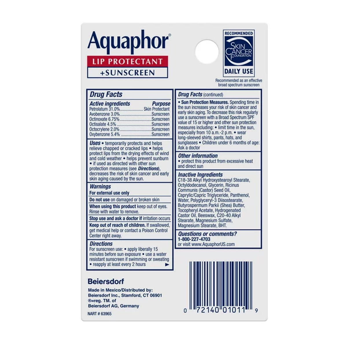 Aquaphor Lip Protectant + Sunscreen Ointment, Broad Spectrum SPF 30, Unflavored, 0.35 oz, Box of 6