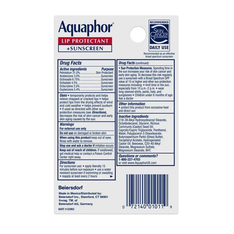 Aquaphor Lip Protectant + Sunscreen Ointment, Broad Spectrum SPF 30, Unflavored, 0.35 oz, Box of 6