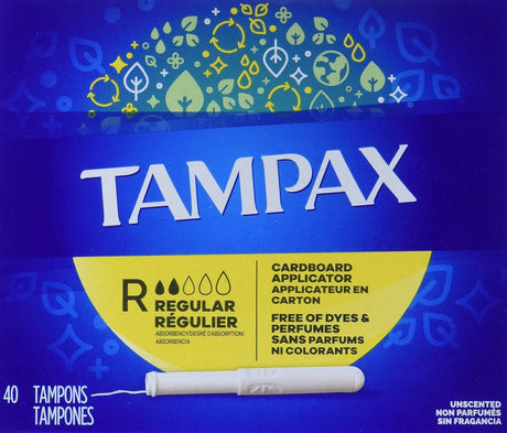 Tampax Tampons Regular Absorbency Unscented Cardboard Applicator, Box of 40