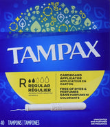 Tampax Tampons Regular Absorbency Unscented Cardboard Applicator, Box of 40