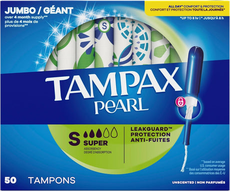 Tampax Pearl Tampons Super Absorbency, Unscented, 50 Count