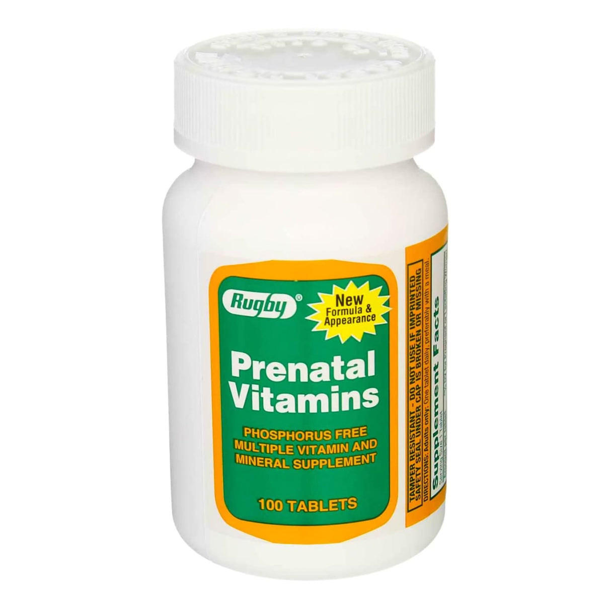 A white bottle labeled Rugby Prenatal Vitamin with Iron and Folic Acid, 100 tablets, featuring a yellow and green label. This Rugby supplement is phosphorus-free and provides key nutrients like iron and folic acid for expecting mothers.