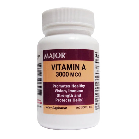 A white bottle of Major Vitamin A Supplement by Major, containing 100 softgels, supports vision health, immune strength, and cell protection.