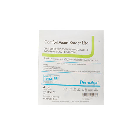 Dermarite ComfortFoam Border Lite Thin Foam Dressing, Square, Waterproof, Silicone Adhesive, Bordered, Sterile — 4" x 4"