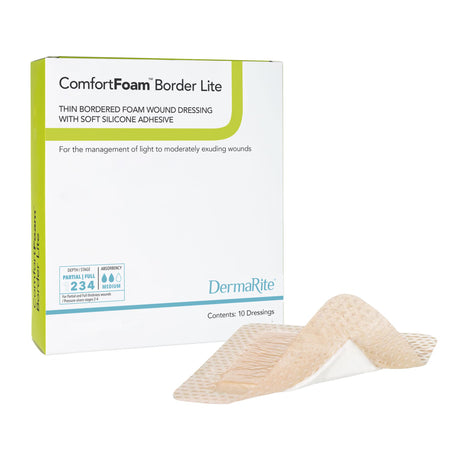 Dermarite ComfortFoam Border Lite Thin Foam Dressing, Square, Waterproof, Silicone Adhesive, Bordered, Sterile — 2" x 2"
