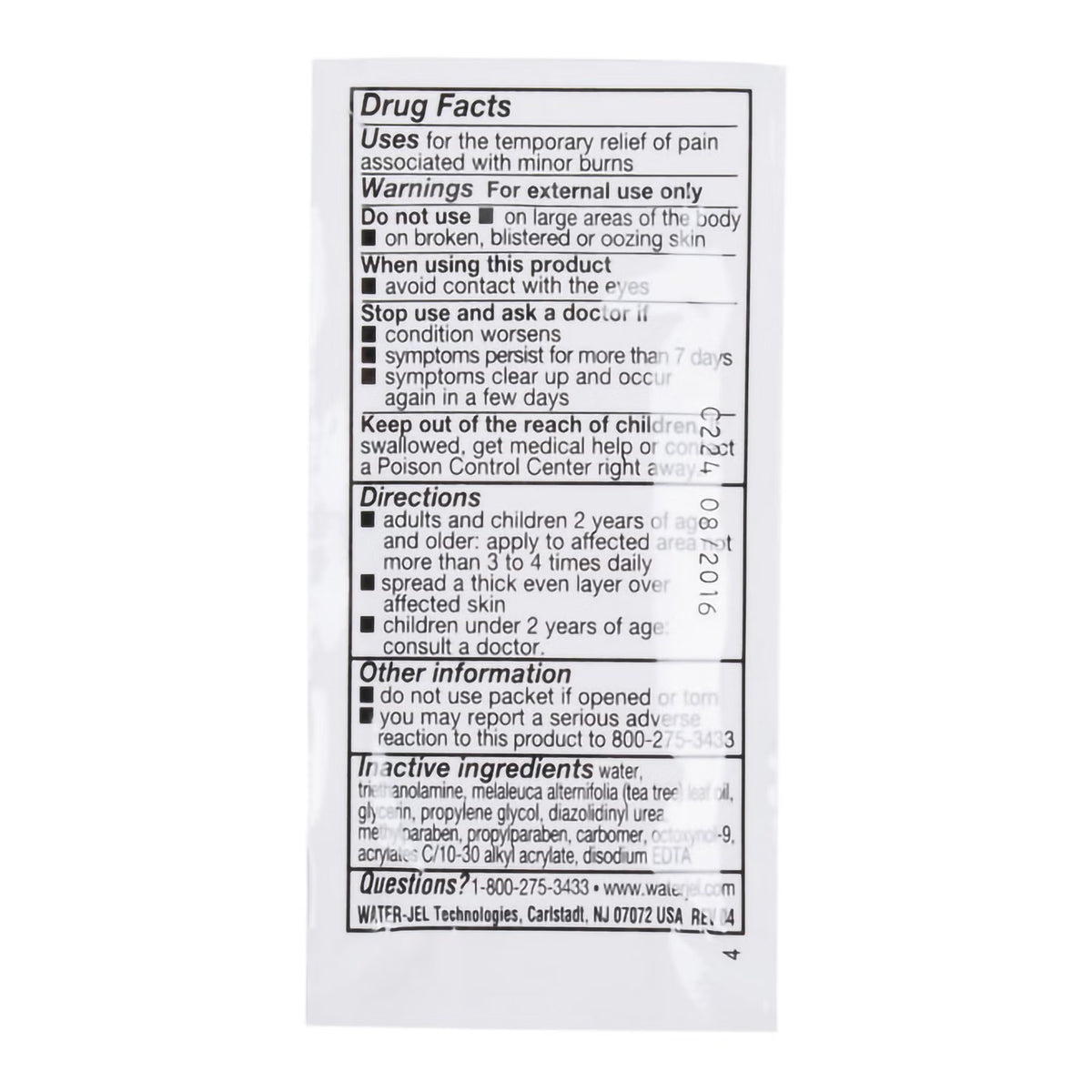 Water Jel Burn Jel, Burn Relief Topical Gel, Lidocaine, 3.5 Gram Individual Packet - 100U-6.00.000 - LL Medico