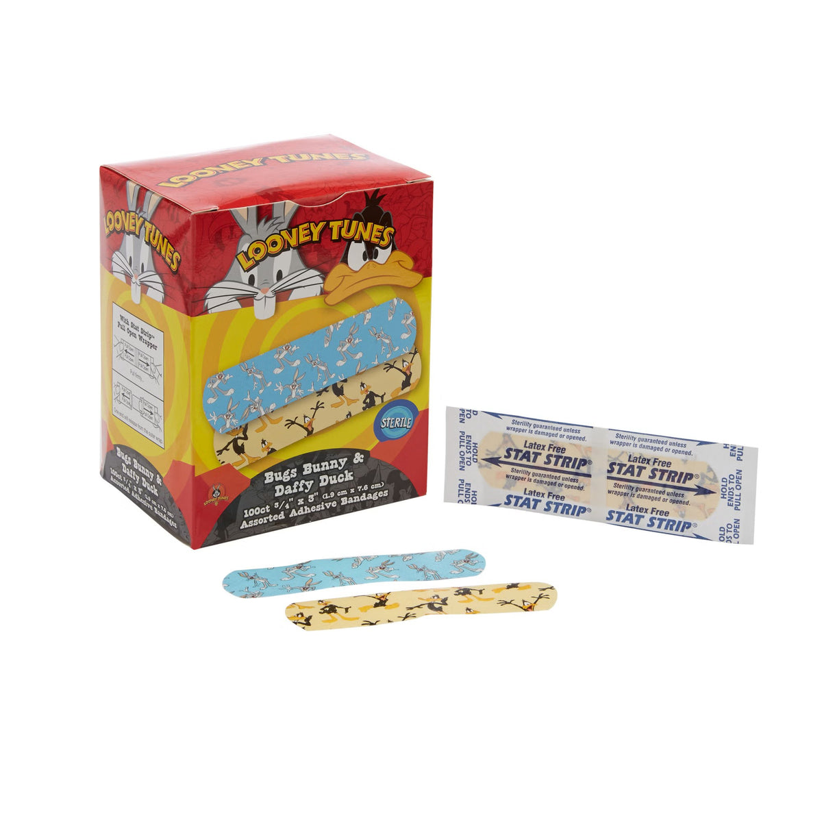 Dukal Looney Tunes Stat Strip Adhesive Bandages, Sterile, Bugs Bunny & Daffy Duck, 3/4" x 3" - 1075737 - LL Medico