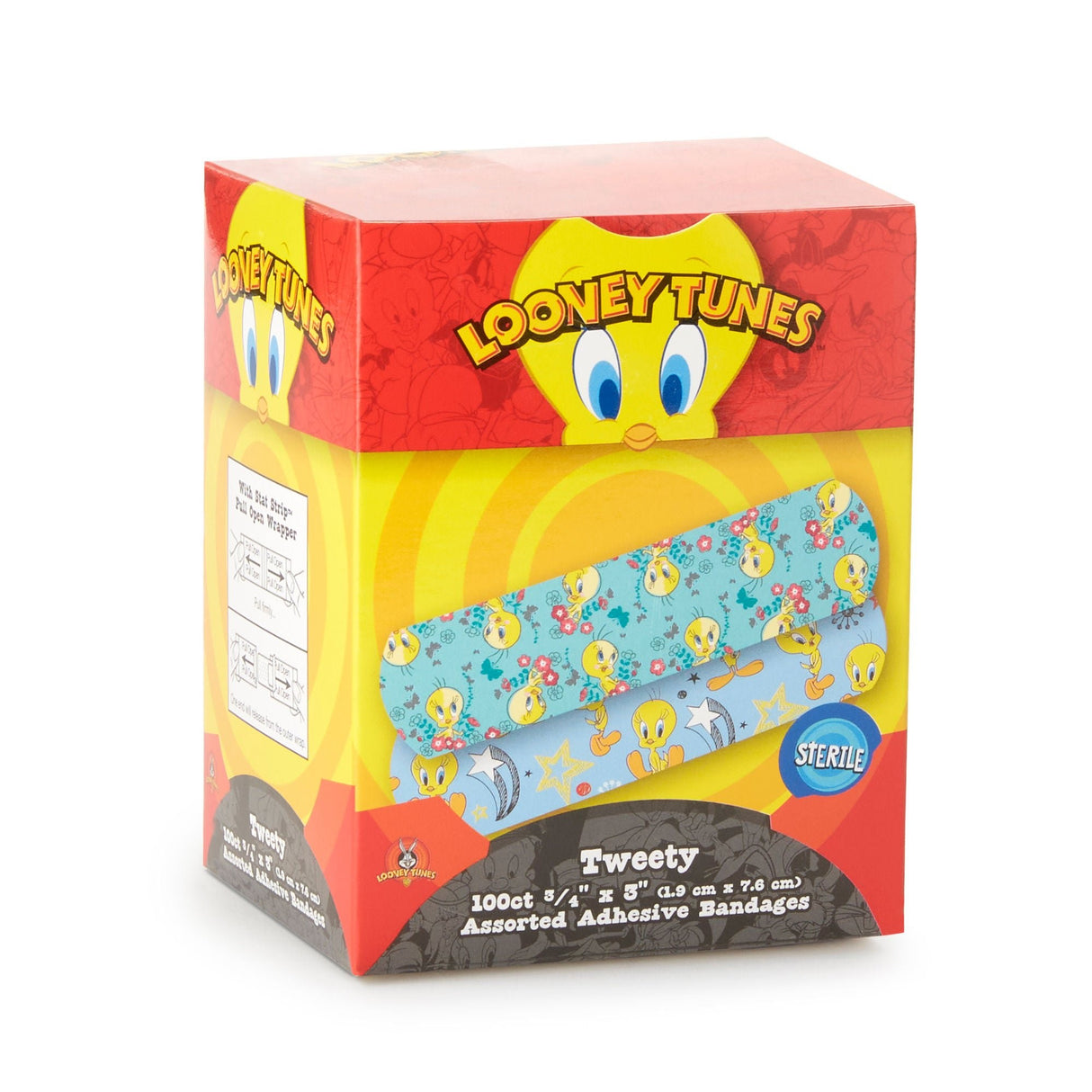 Dukal Looney Tunes Stat Strip Tweety Design Adhesive Bandages, Sterile, ¾ x 3", 100 Count - 1083737 - LL Medico