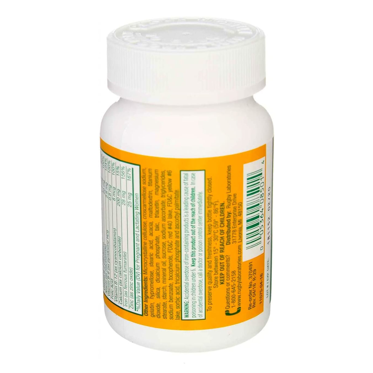 A white plastic Rugby pill bottle with a white cap and yellow label displays supplement facts. The label indicates it's Rugby Prenatal Vitamin with Iron and Folic Acid. The background is plain white.