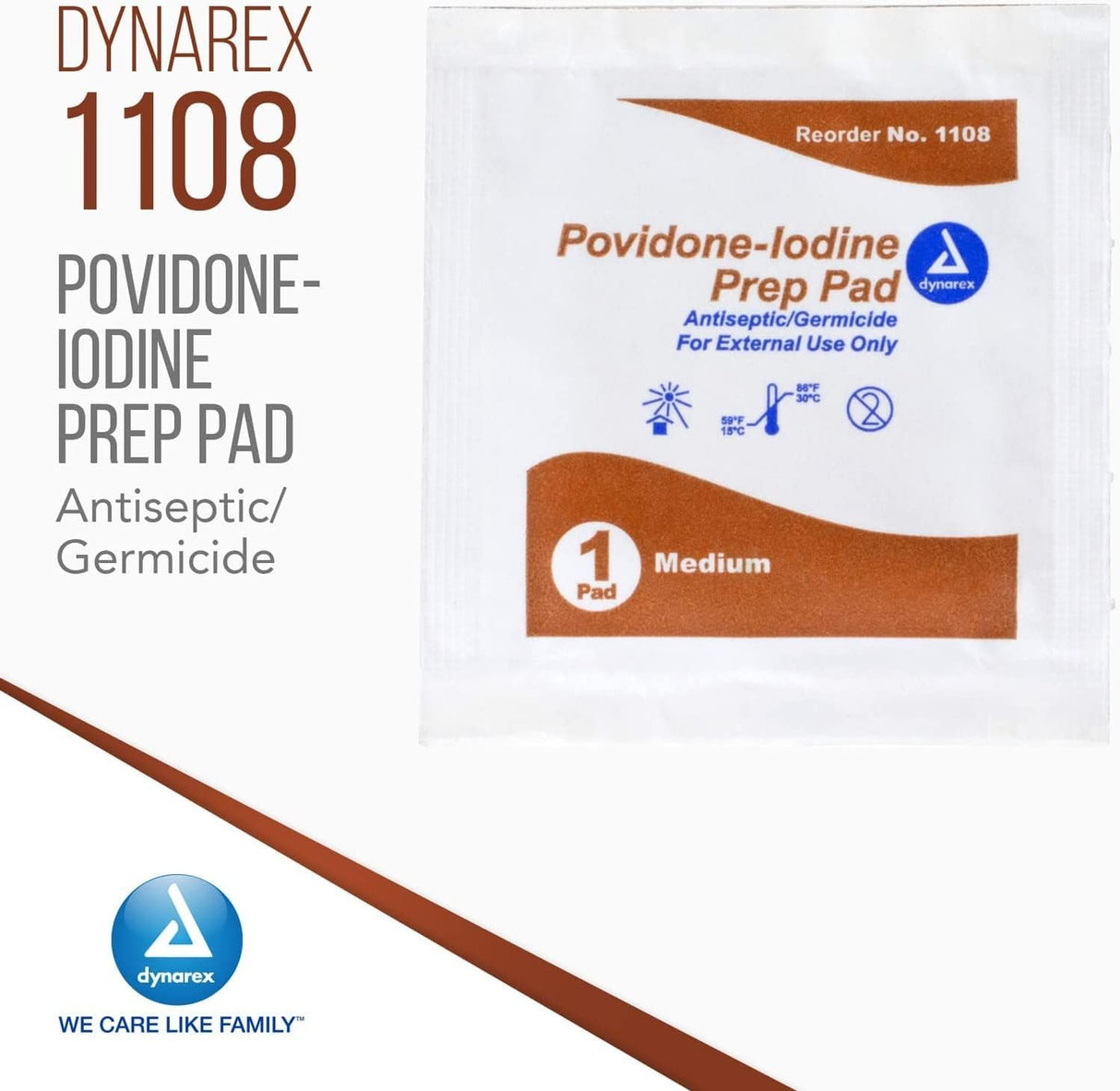 Dynarex Povidone-Iodine Prep Pad, 10% Strength, Antiseptic Nonwoven, Medium, 1.25" x 2.5", Non-Sterile - 1108 - LL Medico