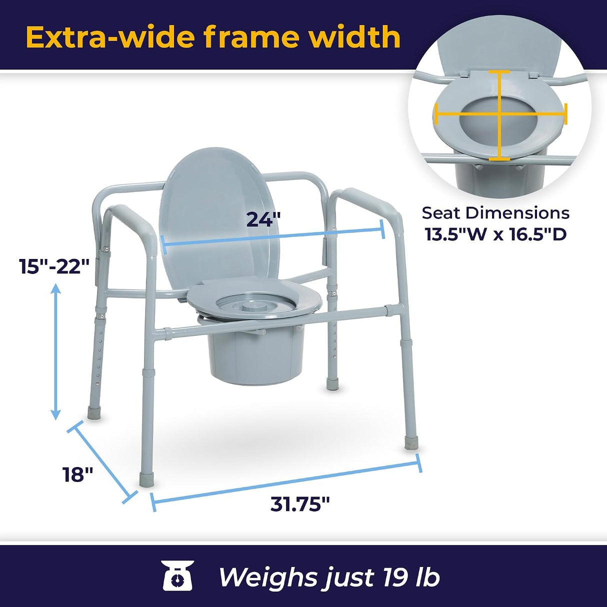 Commode Chair Drive Fixed Arms Steel Frame with Backrest 24 Inch Seat Width 650 Lbs. Weight Capacity