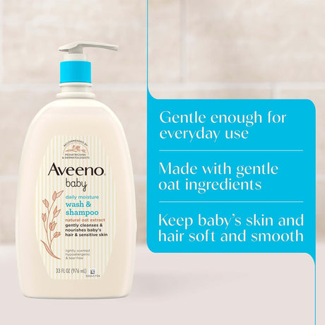 Aveeno Baby Daily Moisture Wash & Shampoo, Lightly Scented, 33 fl oz, Case of 12