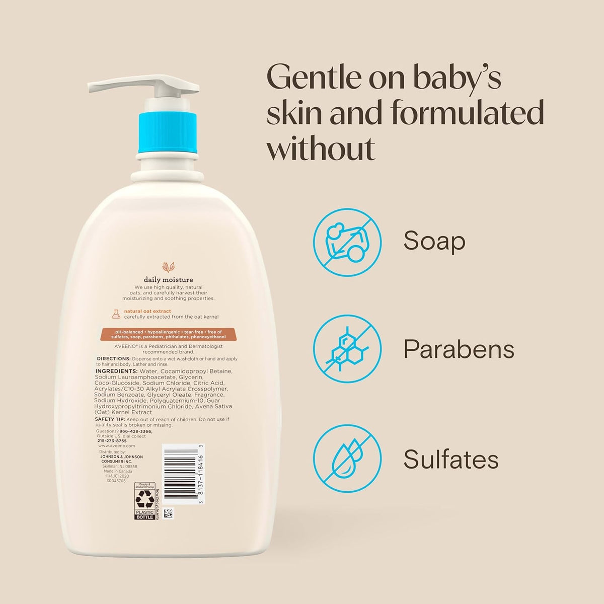 Aveeno Baby Daily Moisture Wash & Shampoo, Lightly Scented, 33 fl oz, Case of 12