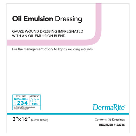 DermaRite Oil Emulsion Impregnated Dressing, Rectangle, Sterile — 3" x 16"