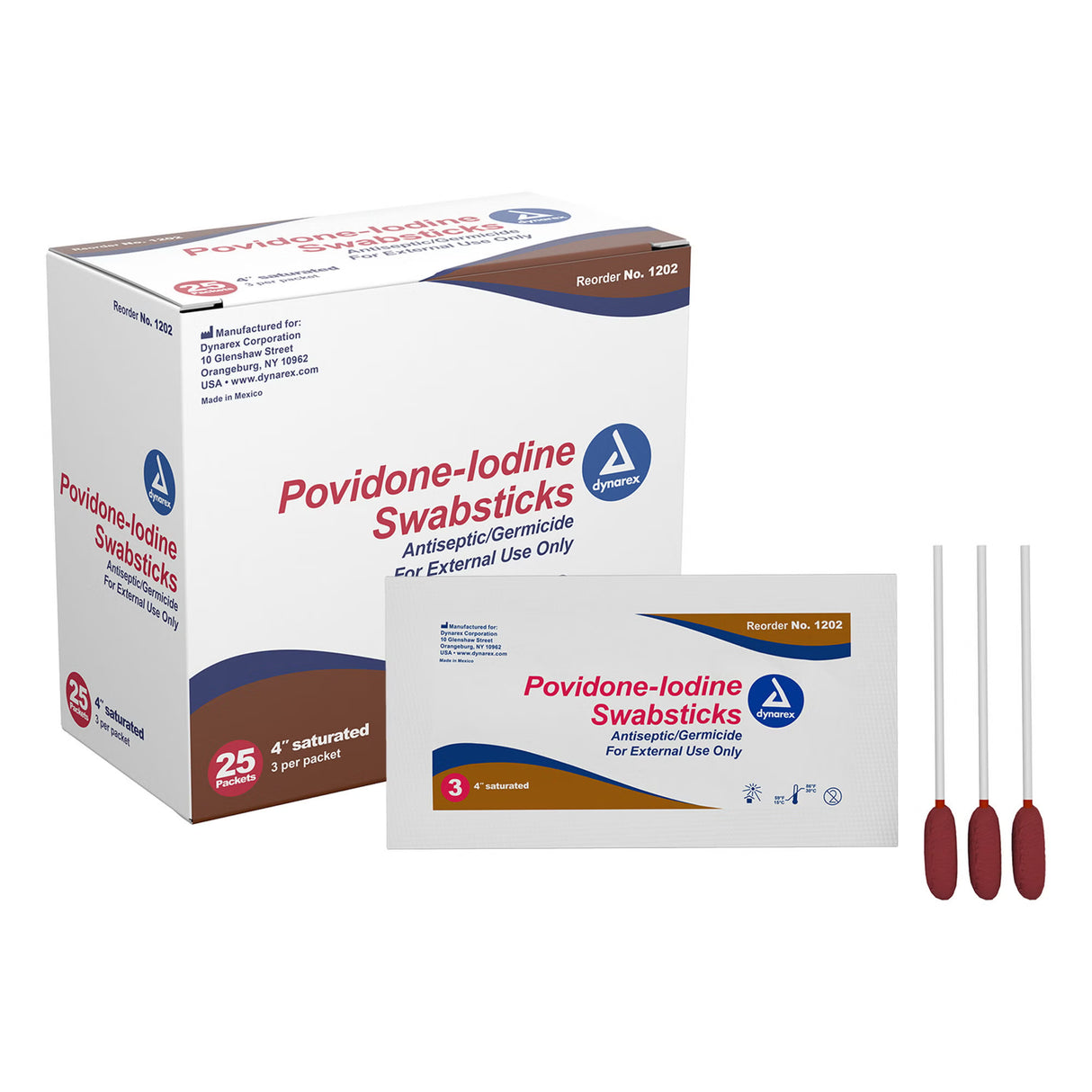 Dynarex Povidone-Iodine Swabsticks, 4" Saturated, Antiseptic/Germicide - 1202 - LL Medico