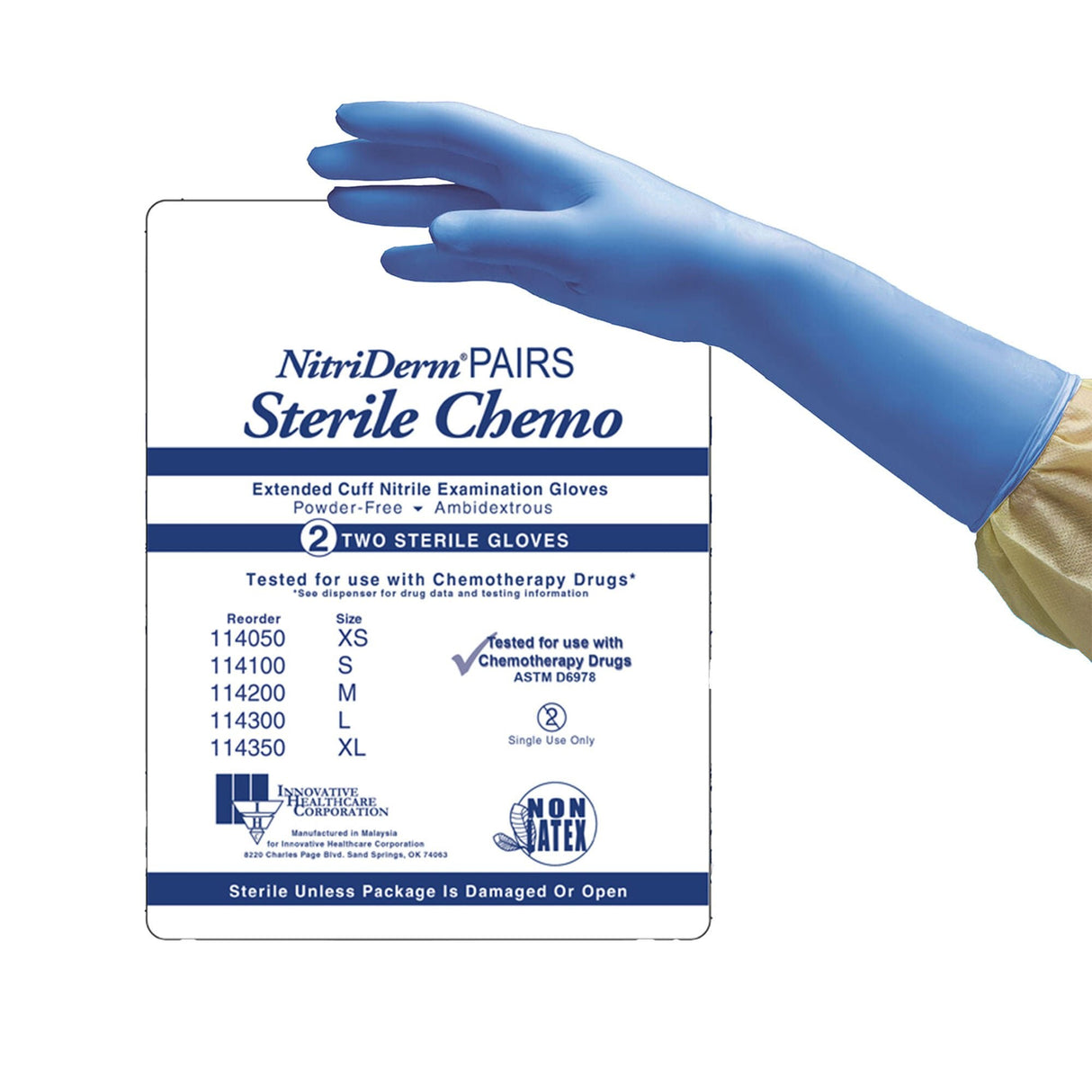 NitriDerm Pairs Sterile Chemo Extended Cuff Nitrile Exam Gloves, Medium - 114200 - LL Medico