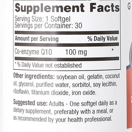 The Supplement Facts label for McKesson Coenzyme Q-10 Dietary Supplement shows each softgel provides 100 mg of CoQ10 for antioxidant and heart health, with other ingredients listed. Adult dosage; 30 servings per container.