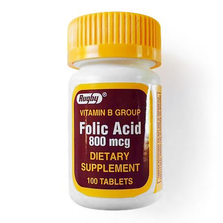 A white bottle with a yellow cap labeled Rugby Folic Acid Vitamin Supplement, 100 tablets, provides essential vitamin B9 to support pregnancy health.