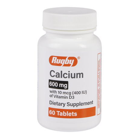 A white Rugby Joint Health Supplement with Calcium & Vitamin D3 bottle, 60 tablets, features orange/black text and a white cap—ideal for bone and joint support.