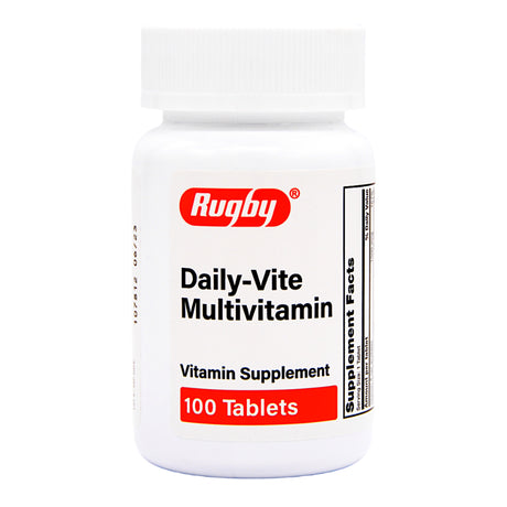 A white bottle of Rugby Multivitamin Supplement Tablet, 100 per bottle, with a visible supplement facts panel—providing essential nutrients such as calcium and vitamin D3 to support bone and joint health.