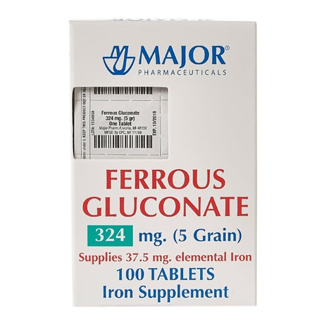 A bottle of Major Iron Mineral Supplement by Major, each tablet contains 37.5 mg elemental iron (as ferrous gluconate 324 mg) to support red blood cell production. Includes 100 tablets and serves as an iron supplement similar to ferrous sulfate.