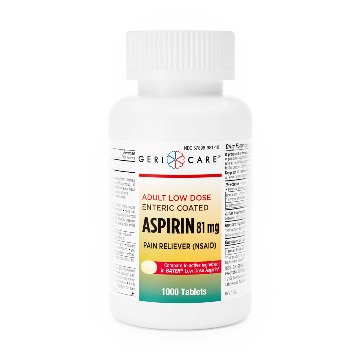 Geri-Care Adult Low Dose Aspirin, 81 mg, Enteric-Coated Tablet - 1,000 count - LL Medico