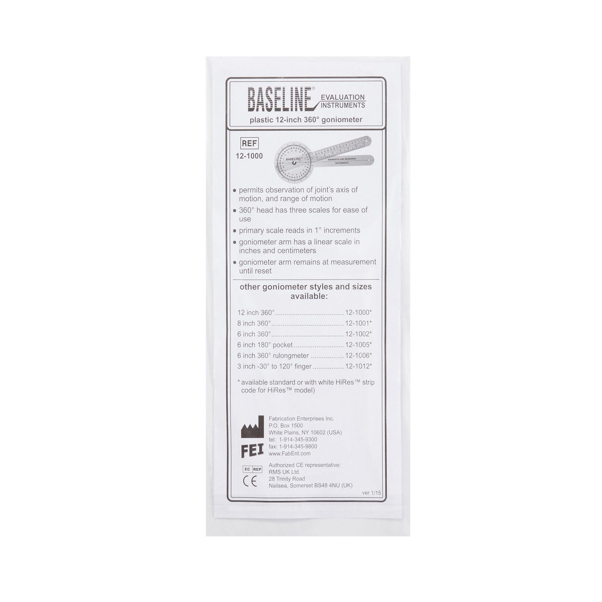 Baseline Plastic Goniometer, Transparent, 360 Degree, 12"