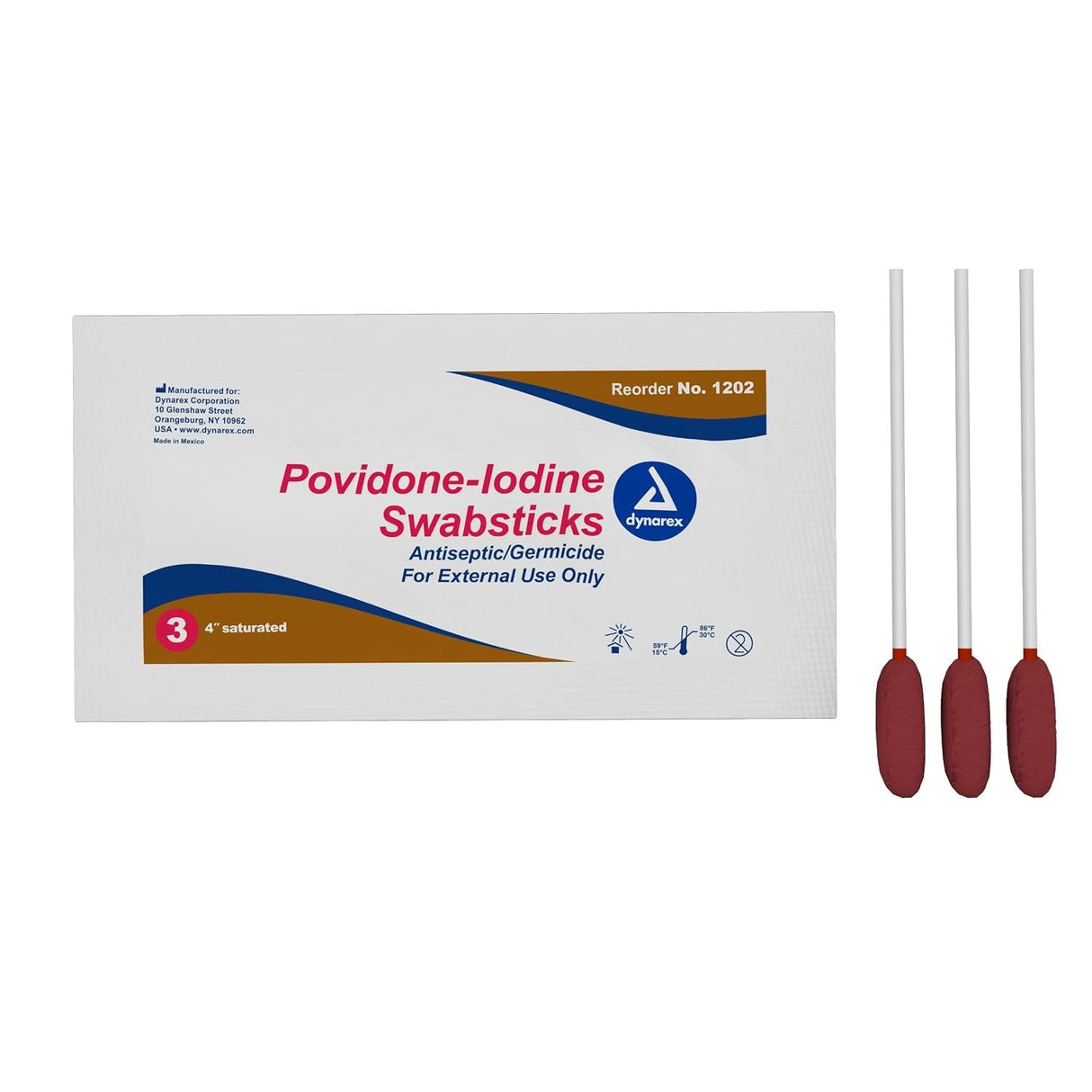 Dynarex Povidone-Iodine Swabsticks, 4" Saturated, Antiseptic/Germicide