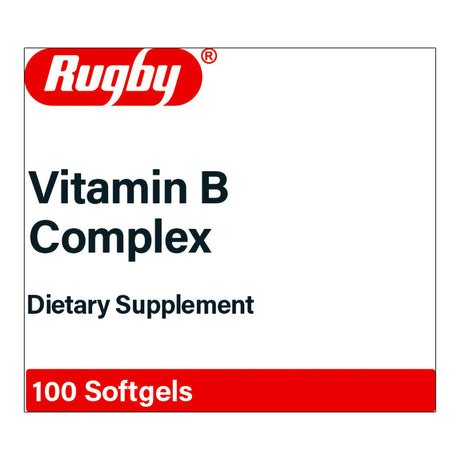 The Rugby B-Complex Dietary Supplement features a white and red label. A red box at the bottom highlights "100 Softgels." The label emphasizes support for nervous system health and energy support.