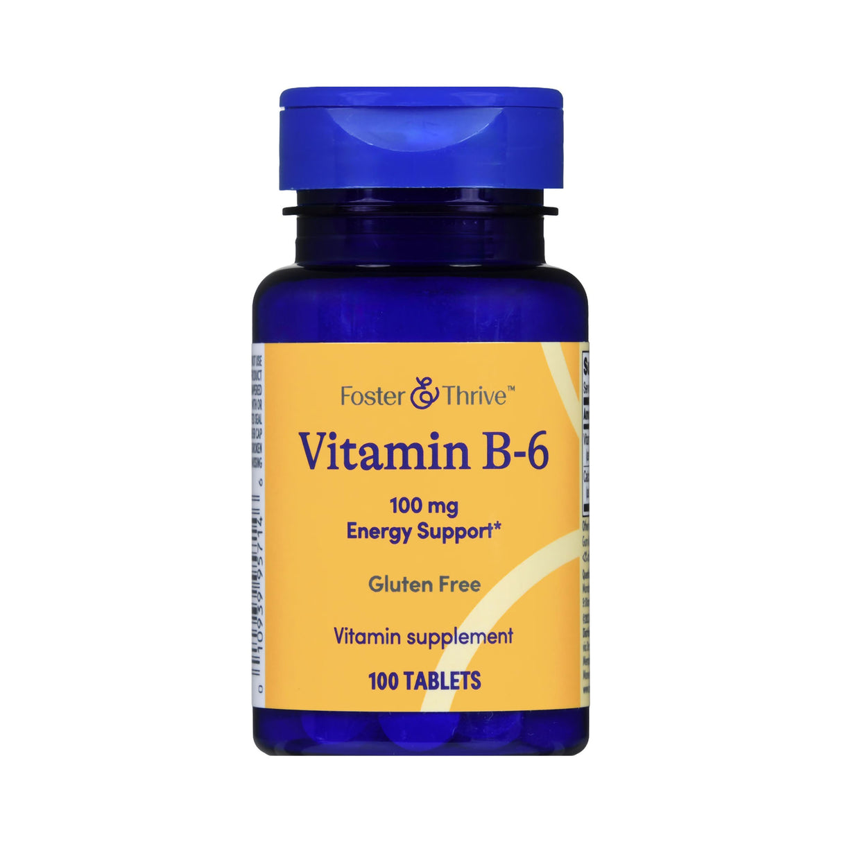 A blue bottle of Foster & Thrive Vitamin B6 Supplement, 100 mg, Energy & Immune Support, Gluten Free, 100 tablets, features a yellow label and blue cap.