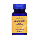 A blue bottle of Foster & Thrive Vitamin B6 Supplement, 100 mg, Energy & Immune Support, Gluten Free, 100 tablets, features a yellow label and blue cap.