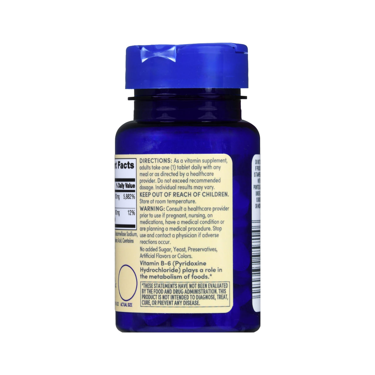 A blue plastic bottle of Foster & Thrive Vitamin B6 Supplement with a blue cap, displaying directions, warnings, and ingredients. The back label highlights Vitamin B-6 for immune support and energy metabolism benefits.