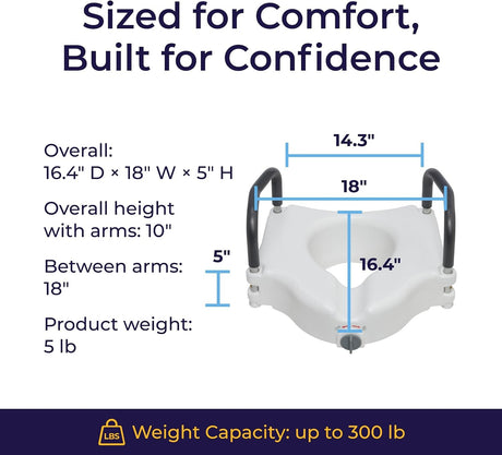 Raised Toilet Seat with Arms Drive Premium 3-1/2 Inch Height Standard Round 300 Lbs. Weight Capacity