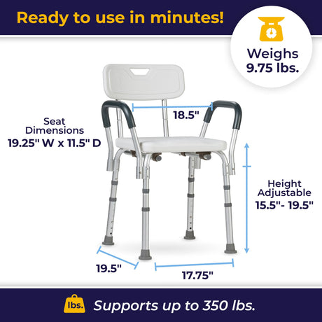 Bath Bench Drive Padded Removable Arms Aluminum Frame with Backrest 16 Inch Seat Width 300 Lbs. Weight Capacity