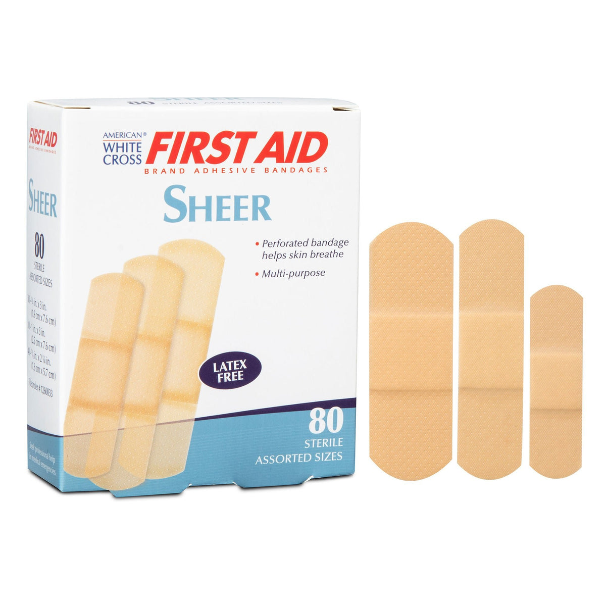 American White Cross First Aid Adhesive Strips, Sheer, Plastic, Sterile, 1" x 3", 0.75" x 3", 0.625" x 2.25" - 1260033-Box - LL Medico