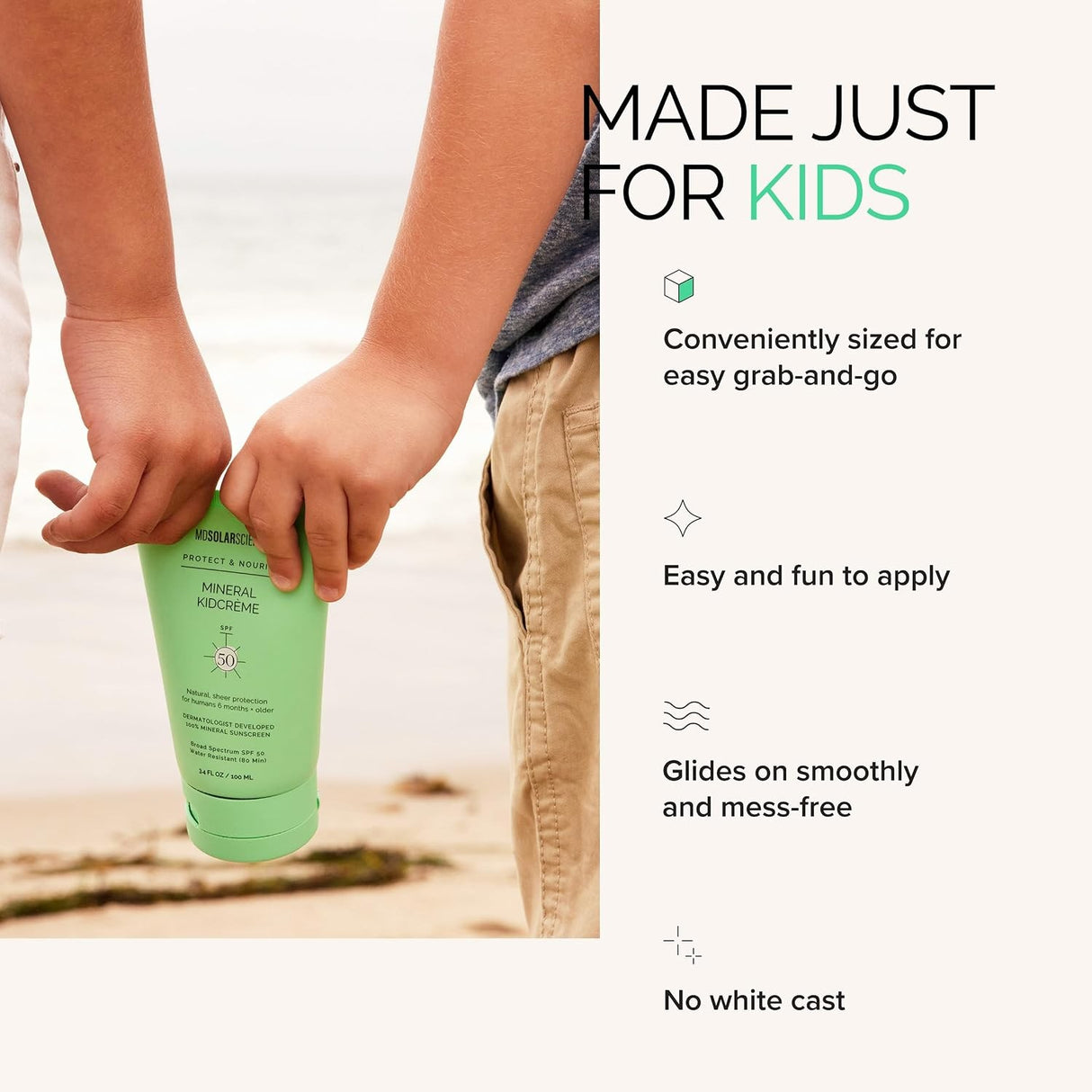MDSolarSciences Mineral KidCrème SPF 50 Sunscreen Cream, Unscented, 3.4 oz