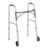 Dual Release Folding Walker with Wheels Adjustable Height McKesson Steel Frame 350 Lbs. Weight Capacity 32 to 39 Inch Height