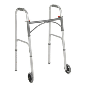 Dual Release Folding Walker with Wheels Adjustable Height McKesson Steel Frame 350 Lbs. Weight Capacity 32 to 39 Inch Height