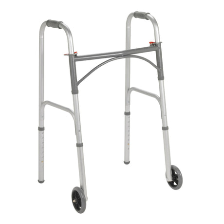 Dual Release Folding Walker with Wheels Adjustable Height McKesson Steel Frame 350 Lbs. Weight Capacity 32 to 39 Inch Height