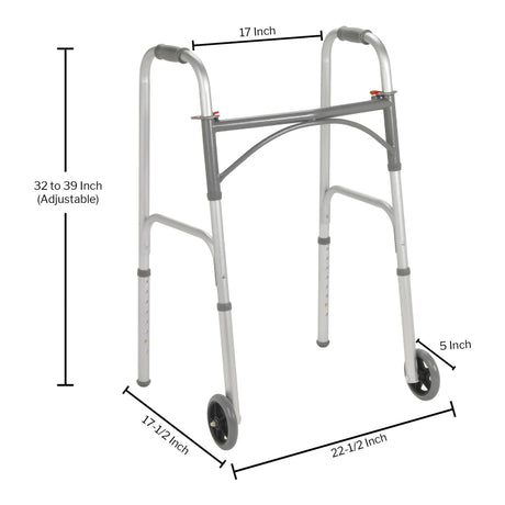 Dual Release Folding Walker with Wheels Adjustable Height McKesson Steel Frame 350 Lbs. Weight Capacity 32 to 39 Inch Height