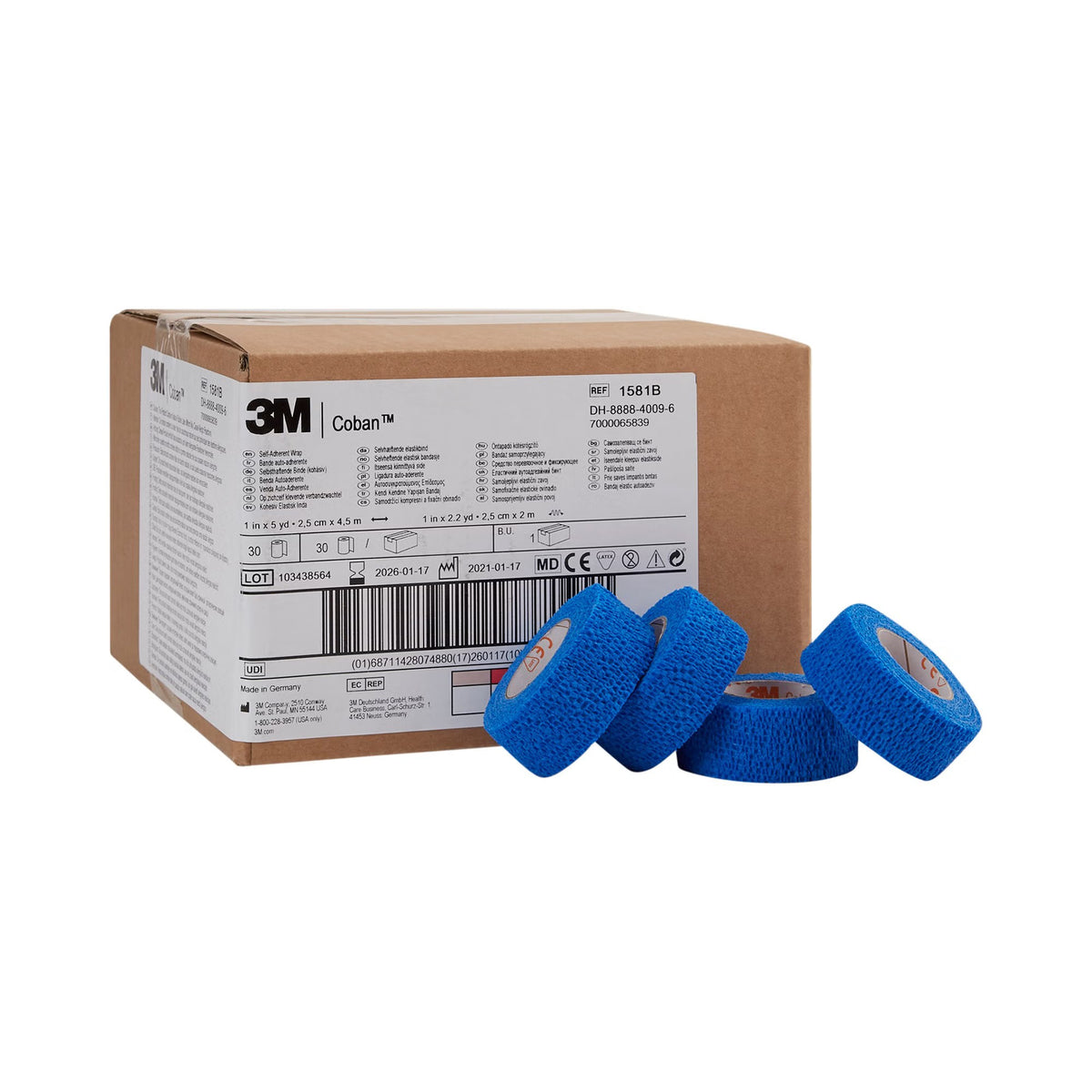 3M Coban Self-Adherent Cohesive Bandage, Blue, Nonwoven Elastic, Latex, Nonsterile, Standard Compression - LL Medico