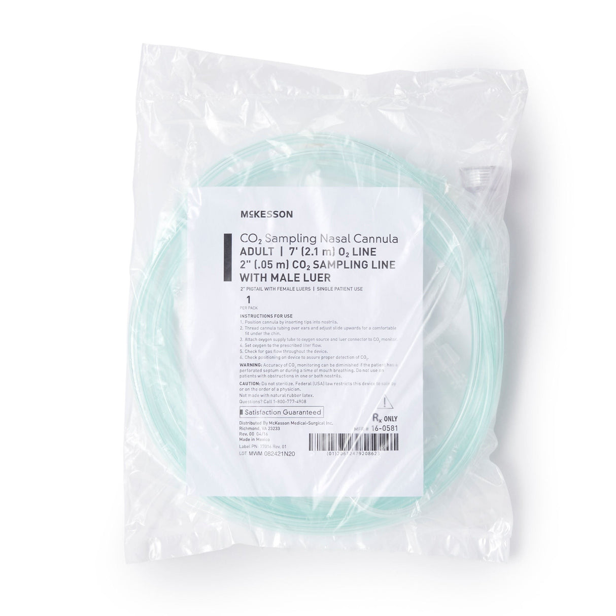 McKesson ETCO2 Nasal Cannula with Oxygen Delivery, Adult, Curved Prongs, 7' Tubing