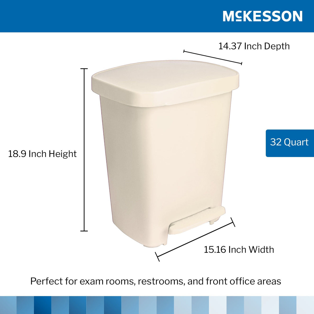 McKesson Waste Can, Step-On Pedal, Plastic, Rectangular, 32 Quart / 8 gal, 14.37 D x 15.16 W x 18.9 H Inch - LL Medico