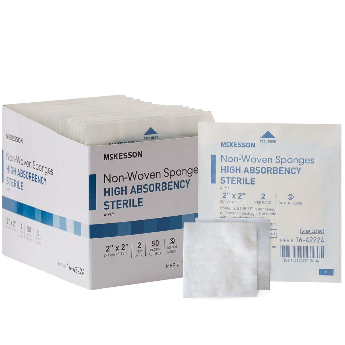 McKesson Nonwoven Sponge, Sterile, 2 x 2", 4-Ply, Polyester / Rayon, White - 16-42224 - LL Medico